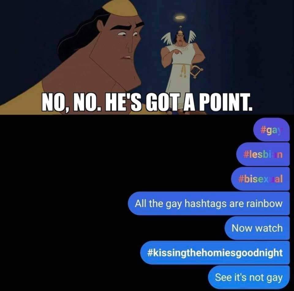 This meme is a screenshot of a text conversation between two characters from the Disney movie "The Emperor's New Groove". The conversation starts with one character saying "No, no, no, no, no. He's got a point." The second character responds with a series of humorous and sarcastic tweets about the character's supposed "point". The tweets include phrases like "All the gay hashtags are rainbow" and "I can smell the desperation".